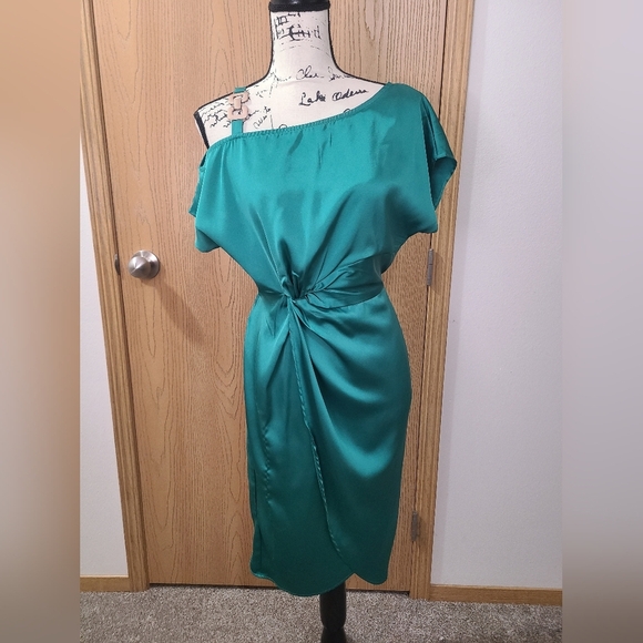Teal Green Satin One Shoulder Chain Strap Ruched Knot Front Satin Dress - Picture 1 of 5